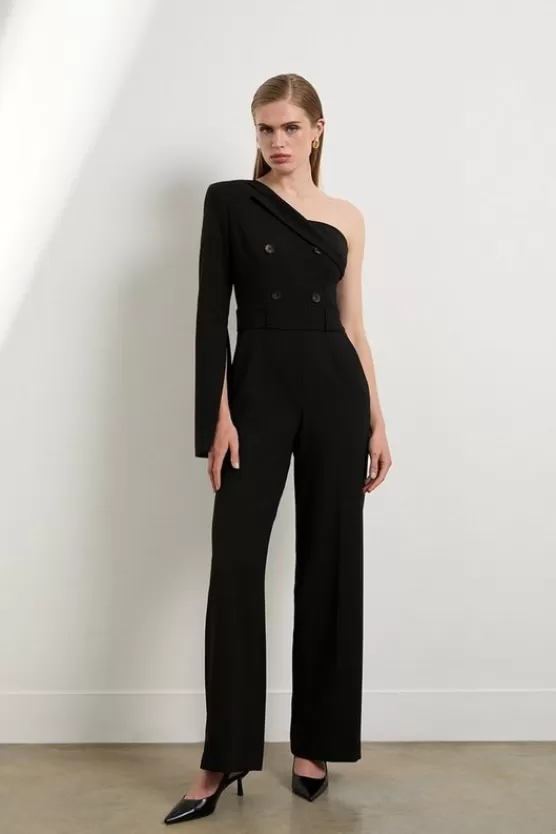 Outlet Karen Millen The Founder Petite Compact Stretch One Shoulder Tailored Jumpsuit black