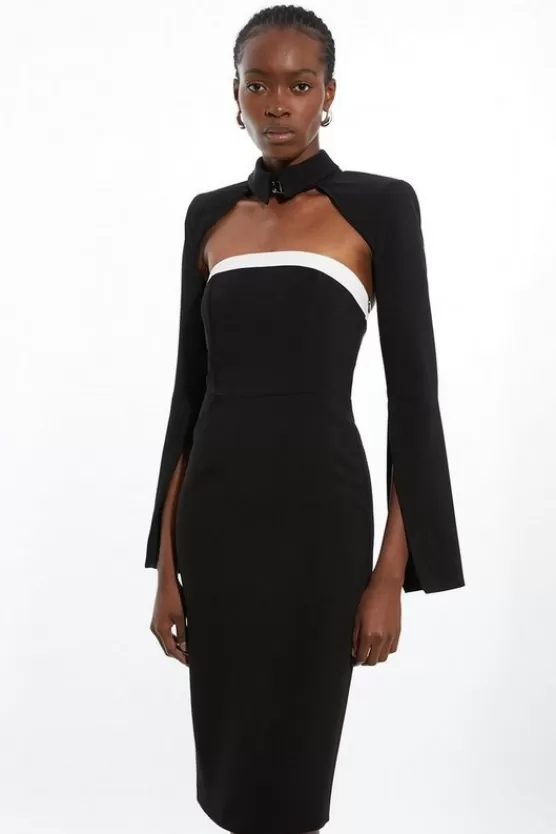 New Karen Millen The Founder Petite Compact Stretch Viscose Tailored Contrast Detail Bandeau Midi Dress black