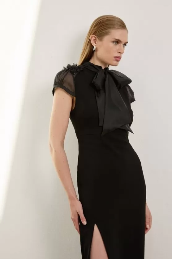 Online Karen Millen The Founder Petite Organza Petal Applique Woven Tie Neck Midi Dress black