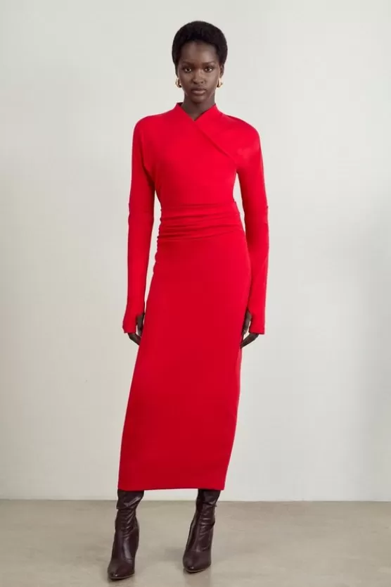 Fashion Karen Millen The Founder Petite Soft Touch Jersey Asymmetric Neck Midi Dress red