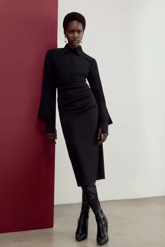 Discount Karen Millen The Founder Petite Soft Touch Jersey Ruched Detail Collard Midi Dress black
