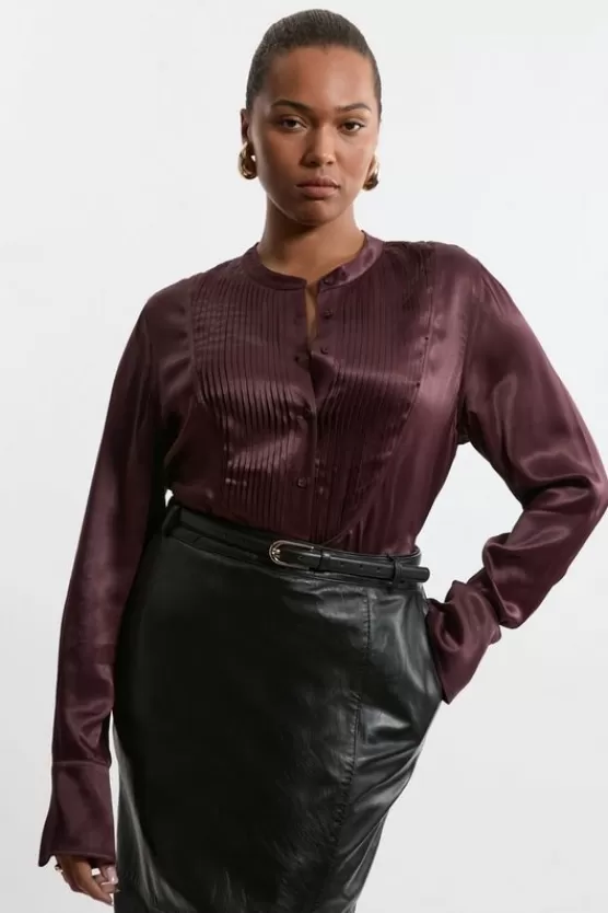 Discount Karen Millen The Founder Plus Size Satin Pintuck Woven Blouse chocolate