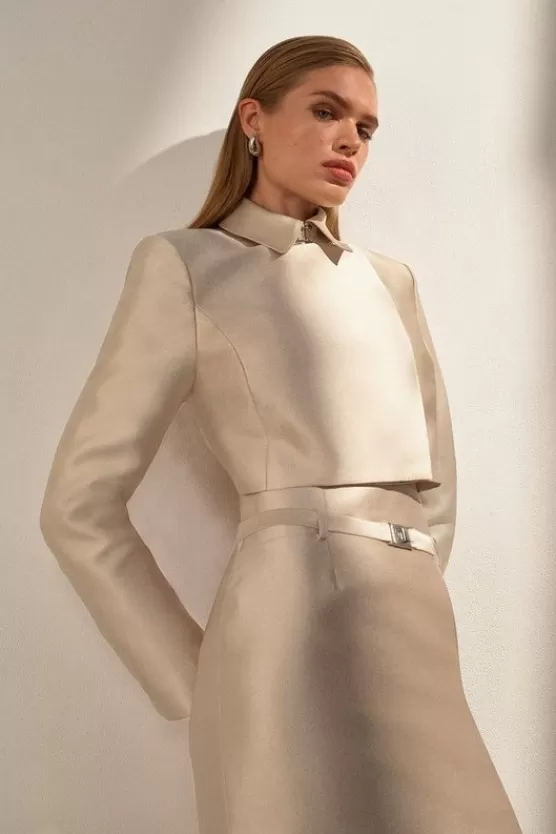 Fashion Karen Millen The Founder Satin Twill Cropped Wrap Tailored Jacket champagne