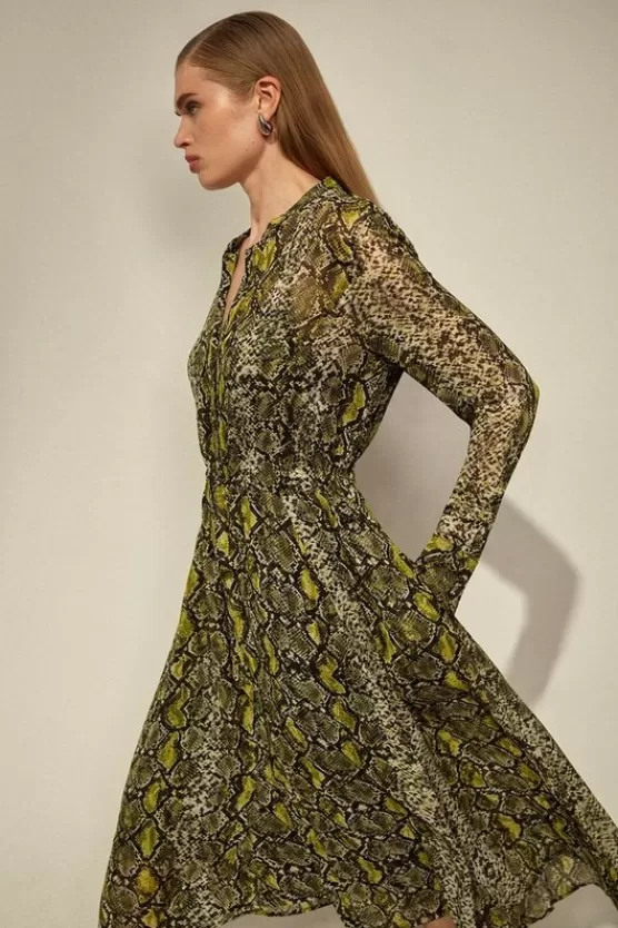 Clearance Karen Millen The Founder Print Viscose Georgette Woven Midi Dress snake