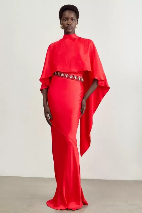 Store Karen Millen The Founder Tall Crystal Embellished Satin Cape Detail Maxi Dress red