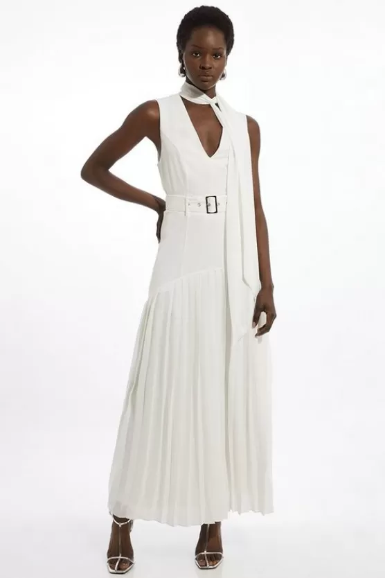 Clearance Karen Millen Tie Neck Ponte And Georgette Jersey Pleated Maxi Dress ivory