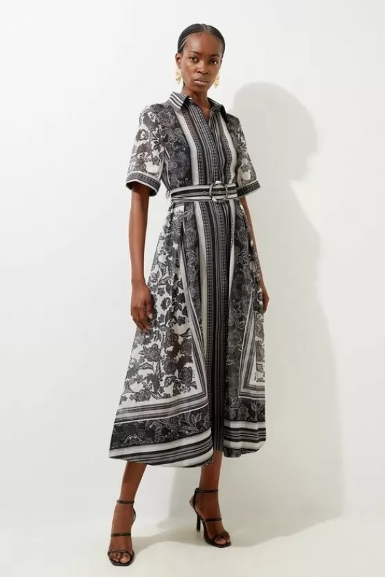 Shop Karen Millen Tile Print Organdie Midaxi Shirt Dress mono