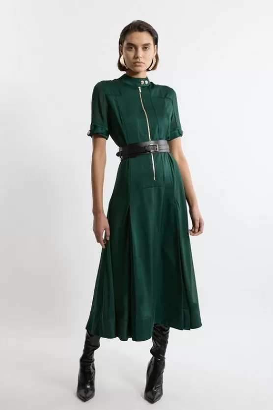 Cheap Karen Millen Top Stitch Viscose Satin Zip Front Woven Dress With PU Belt forest