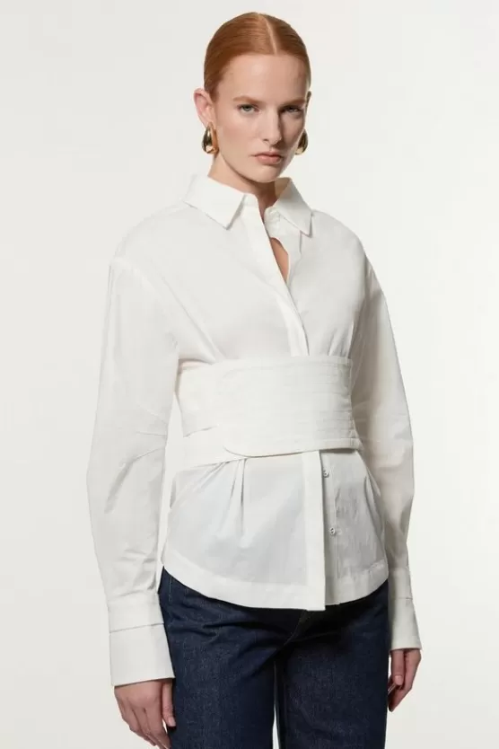 Clearance Karen Millen Topstitch Waist Tie Woven Cotton Shirt white