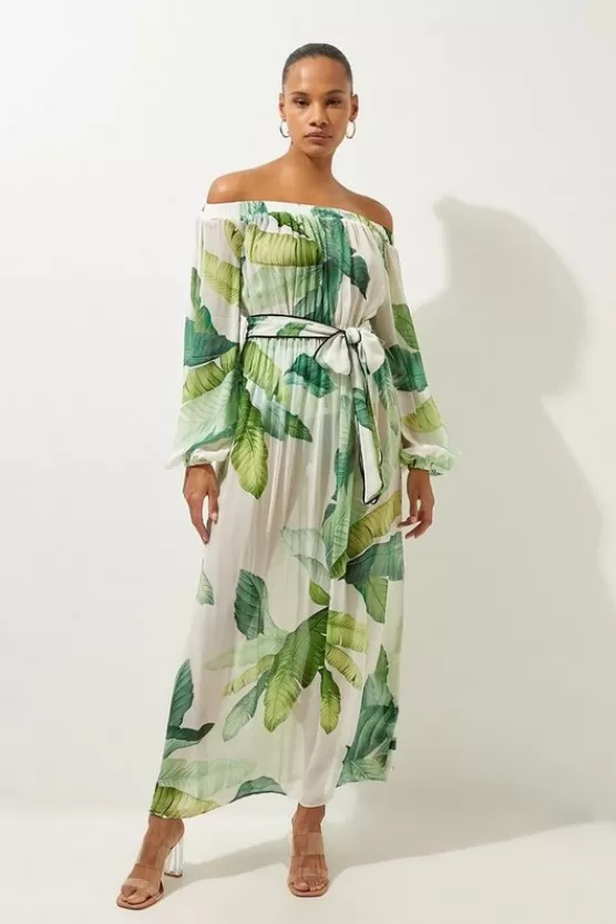 Shop Karen Millen Tropical Palm Print Beach Off The Shoulder Maxi Dress green