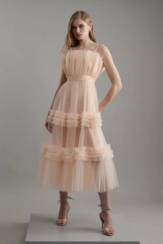 Discount Karen Millen Tulle Bandeau Tiered Midi Dress blush