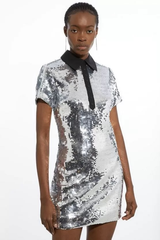 Outlet Karen Millen Tux Sequin Woven Mini Dress silver