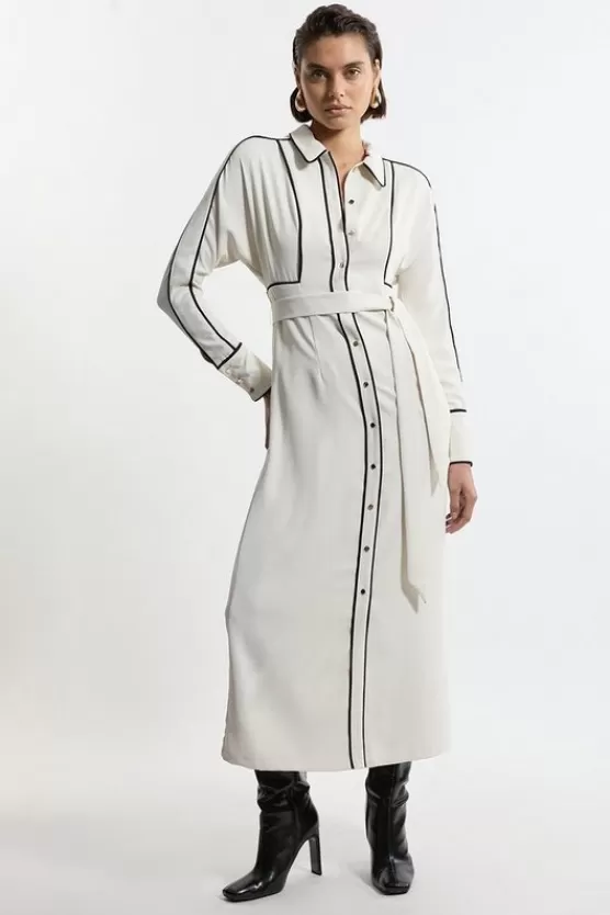 Best Karen Millen Twill Contrast Piping Woven Midi Dress neutral