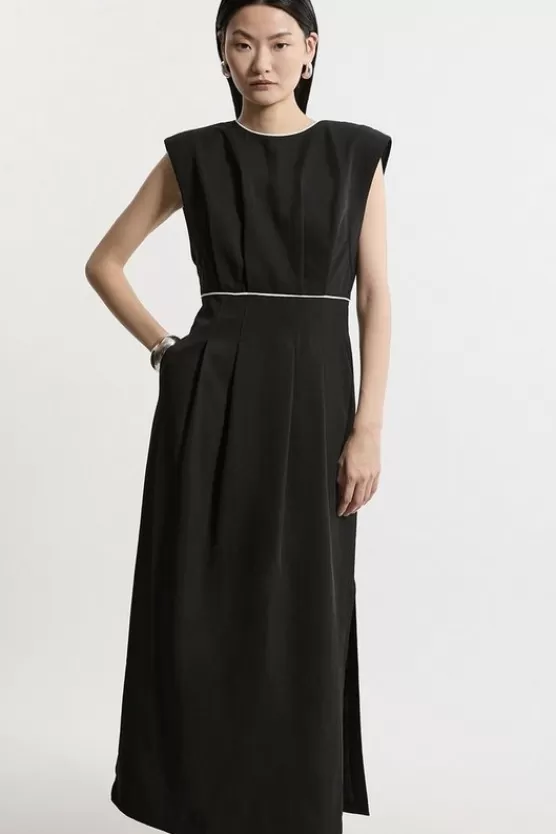 Outlet Karen Millen Twill Pintuck Strong Shoulder Woven Midi Dress black