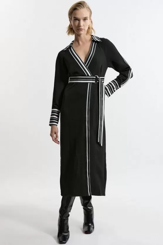 Sale Karen Millen Twill Stripe Detail Collared Midaxi Dress black