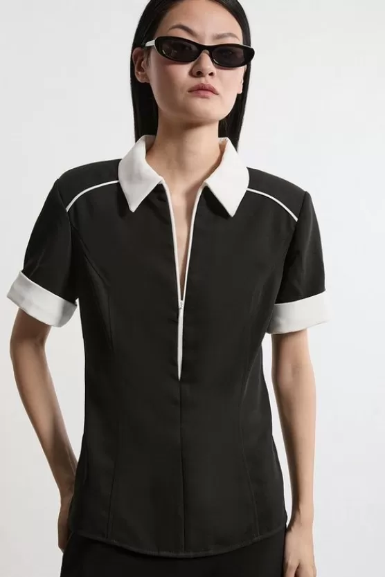 Sale Karen Millen Twill Strong Shoulder Woven Top black