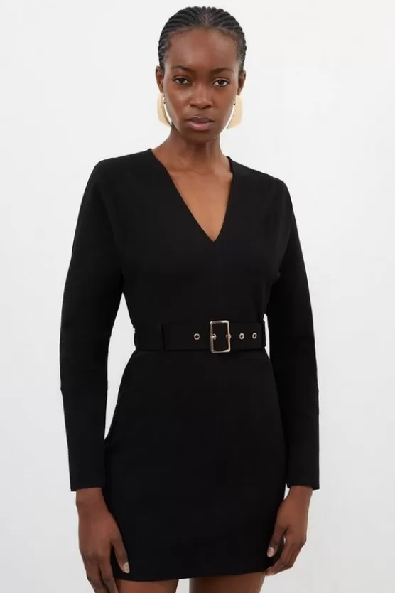 New Karen Millen V Neck Belted Ponte Jersey Mini Dress black