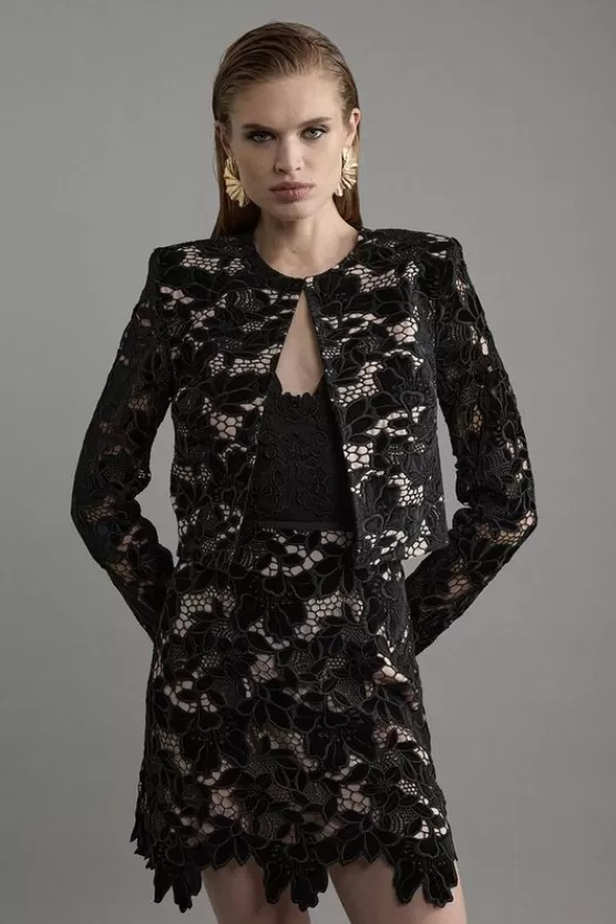Sale Karen Millen Velvet Cutwork Lace Detail Jacket black