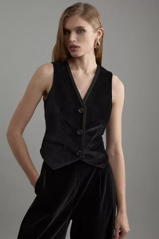 New Karen Millen Velvet Grosgrain Tailored Waist Coat black