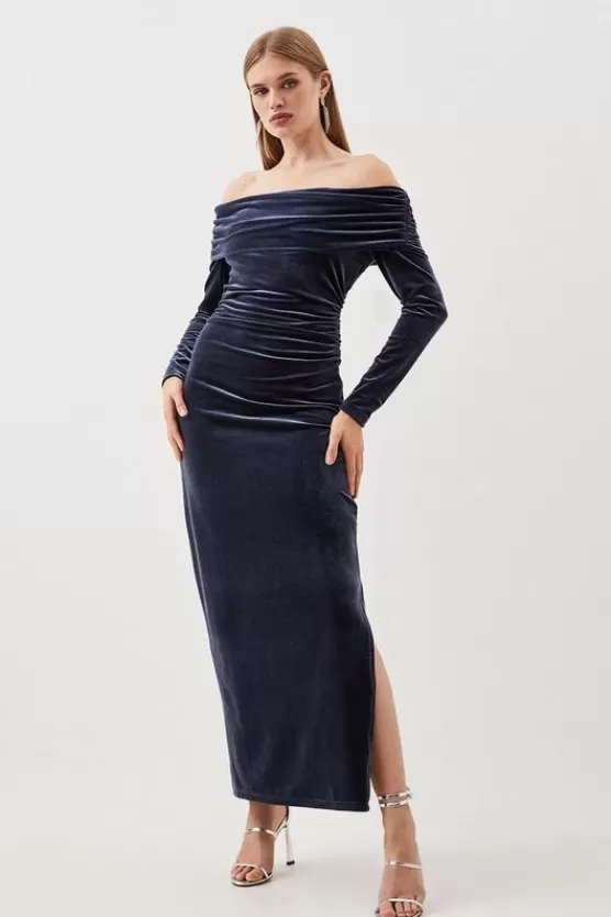 Outlet Karen Millen Velvet Jersey Off Shoulder Maxi Dress pewter