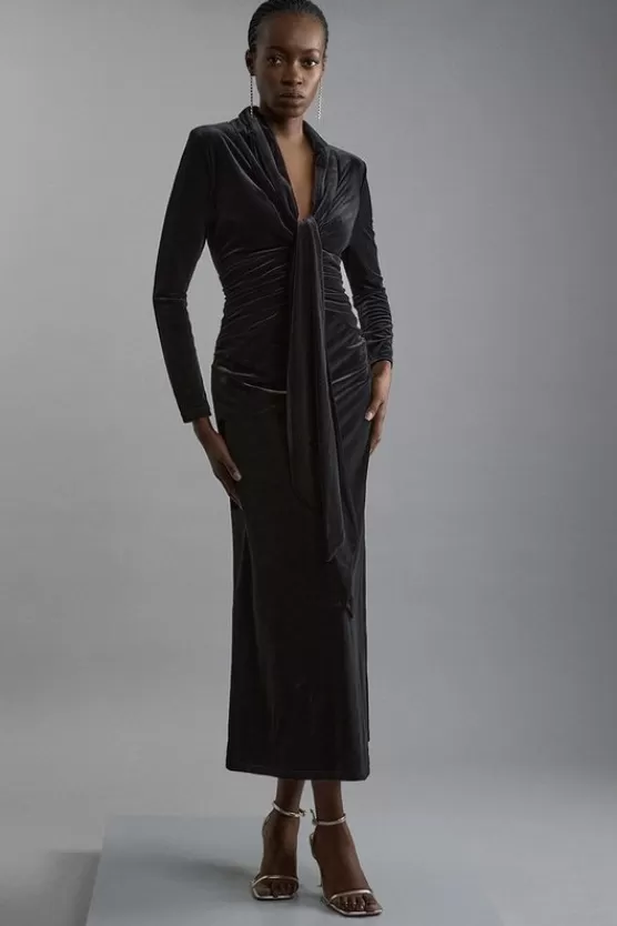 New Karen Millen Velvet Long Sleeve Wrap V Neck Maxi Dress black