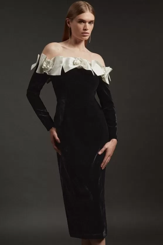 Sale Karen Millen Velvet Off The Shoulder Bodycon Woven Midi Dress With Taffeta Rosette black