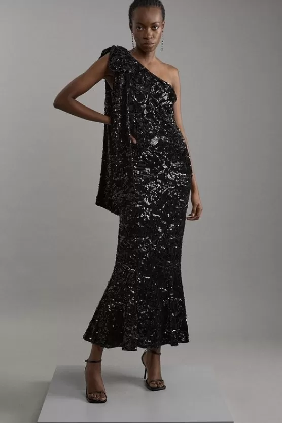 Cheap Karen Millen Velvet Sequin One Shoulder Woven Maxi Dress black