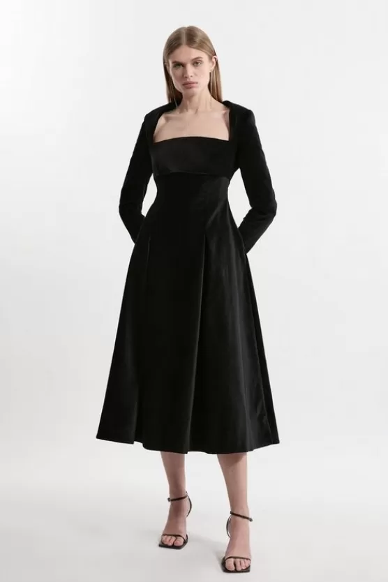 Hot Karen Millen Velvet Tailored Pleat Full Skirted Midaxi Dress black