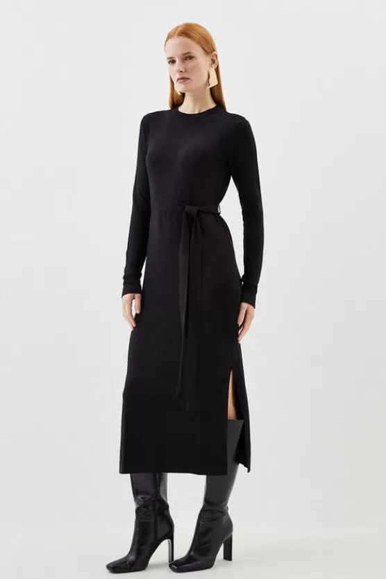 Store Karen Millen Viscose Blend Belted Knitted Midi Dress black