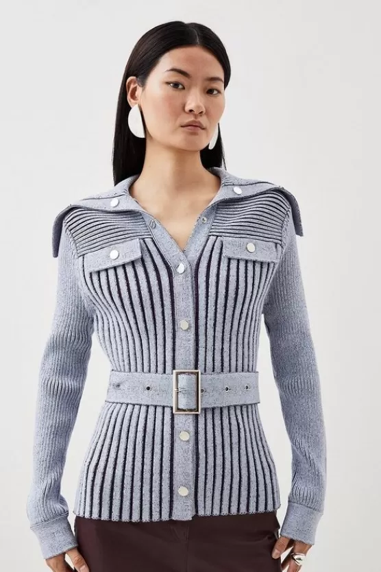 Best Sale Karen Millen Viscose Blend Belted Utility Chambray Rib Knit Cardigan blue