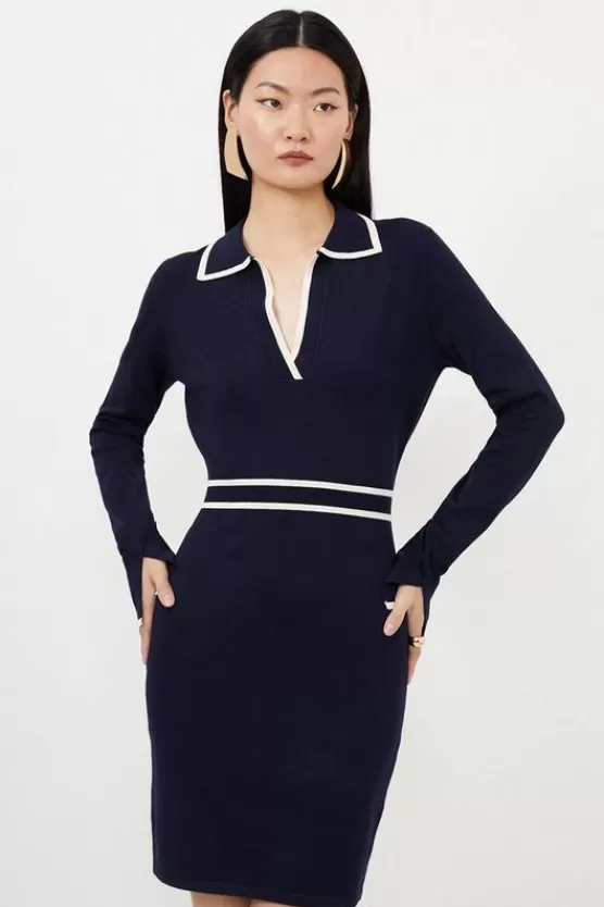 Hot Karen Millen Viscose Blend Collared Knitted Mini Dress navy