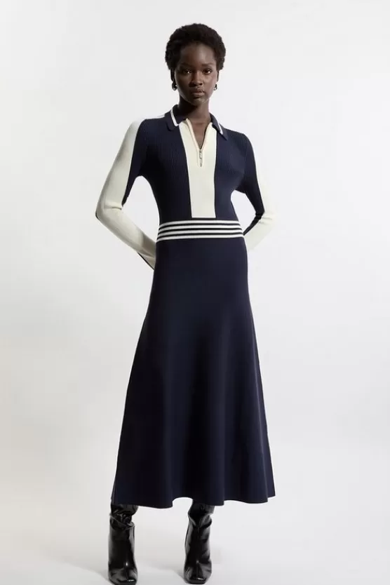 Outlet Karen Millen Viscose Blend Color Block Knit Midaxi Dress navy