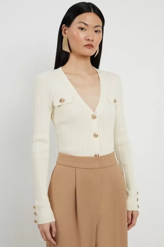 Hot Karen Millen Viscose Blend Dry Handle Rib Military Trim Cardigan cream