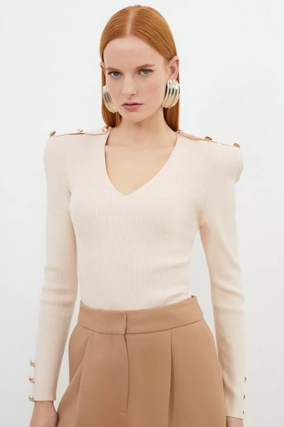 Cheap Karen Millen Viscose Blend Dry Handle Rib V Neck Military Trim Knit Top blush