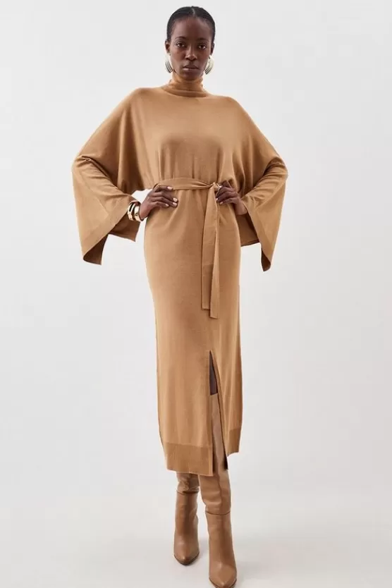 Cheap Karen Millen Viscose Blend Funnel Neck Belted Knitted Midi Dress camel