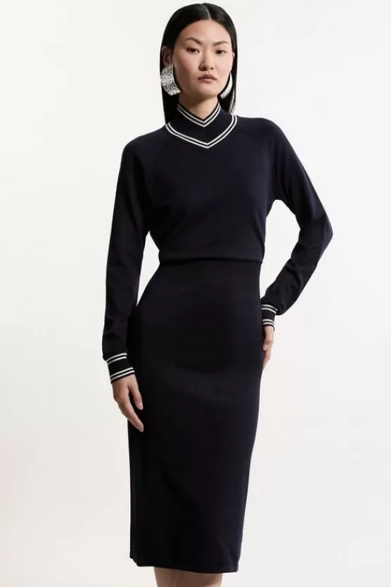 Sale Karen Millen Viscose Blend High Neck Knit Midi Dress navy