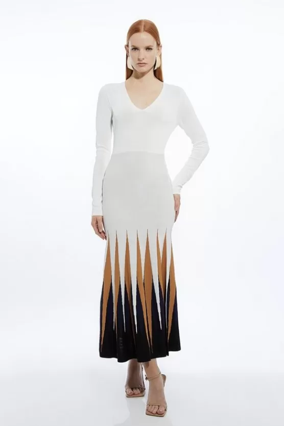 Outlet Karen Millen Viscose Blend Knit Color Block Hem Detail Maxi Dress cream