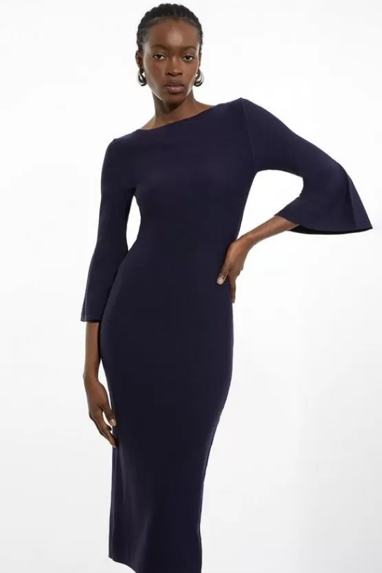 Store Karen Millen Viscose Blend Look Knit Midi Dress With Fluted Sleeve navy