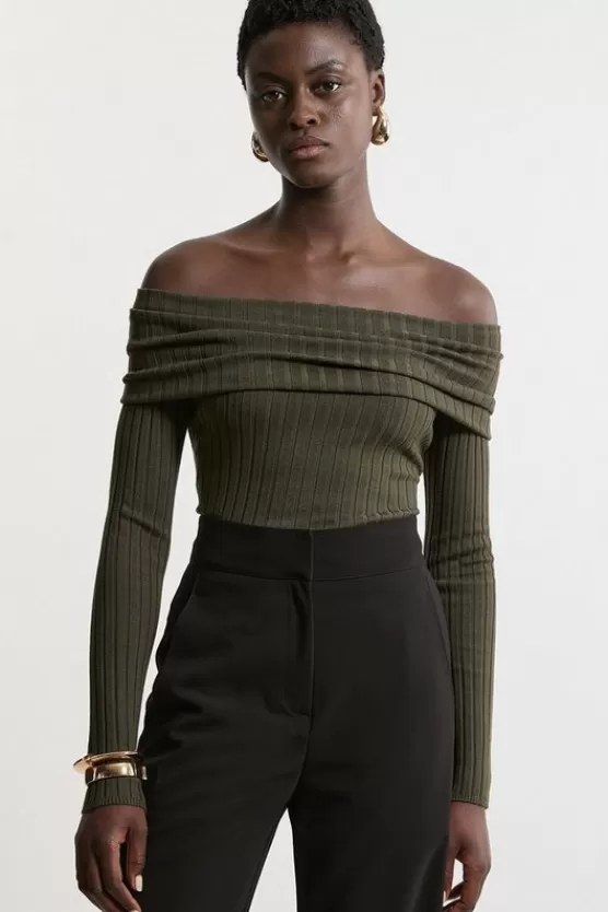 Fashion Karen Millen Viscose Blend Off The Shoulder Knit Sweater olive