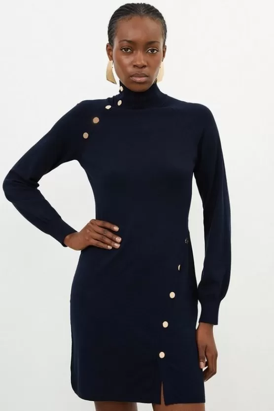 Clearance Karen Millen Viscose Blend Popper Detail Knitted Mini Dress navy