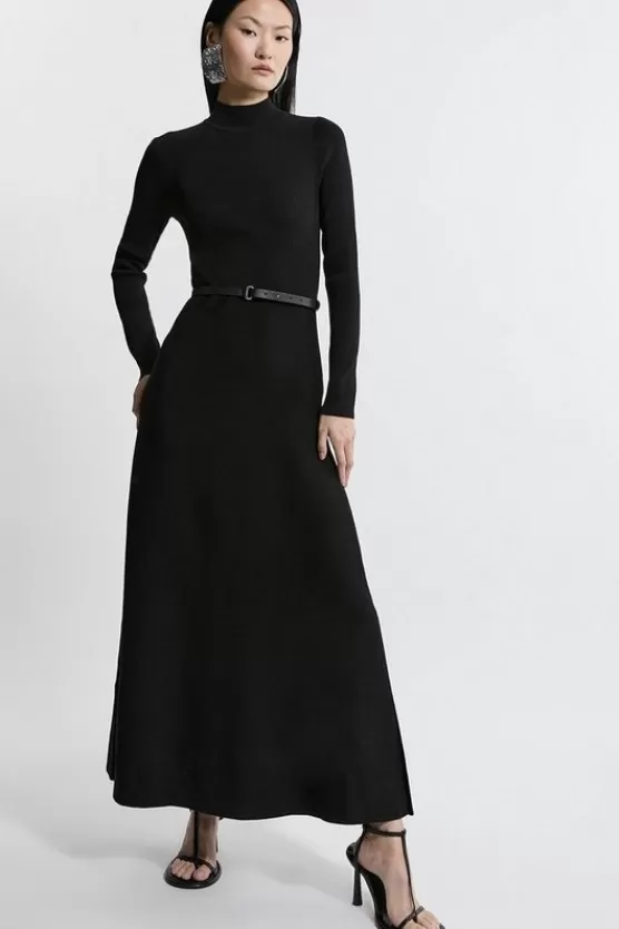 Store Karen Millen Viscose Blend Rib Knit Belted Midi Dress black