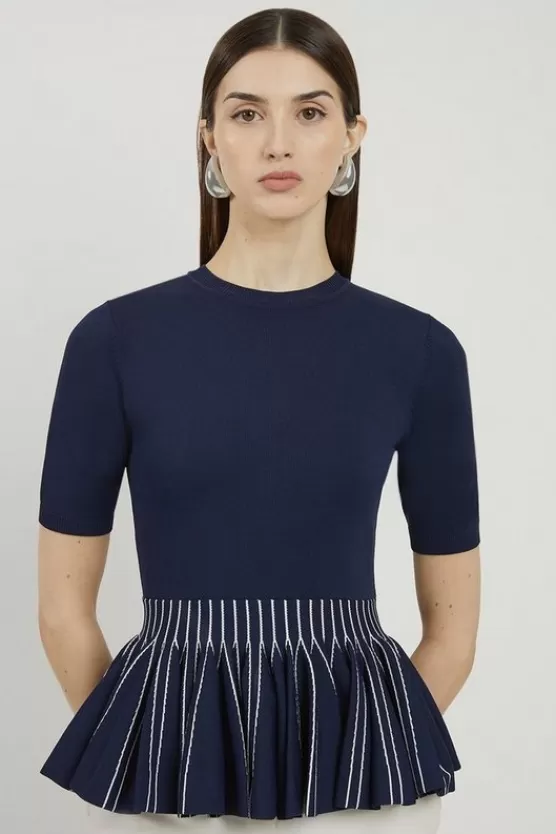 Online Karen Millen Viscose Blend Rib Knit Peplum Top navy