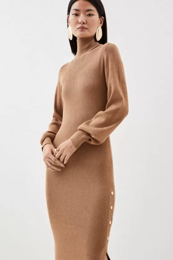 Clearance Karen Millen Viscose Blend Rib Knitted Midaxi Dress camel