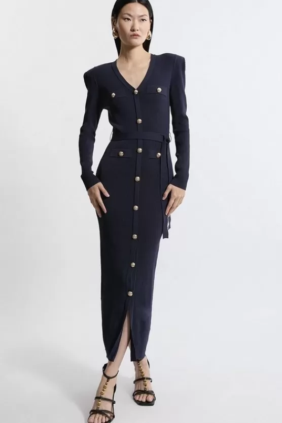 New Karen Millen Viscose Blend Rib Military Detail Knit Midaxi Dress navy