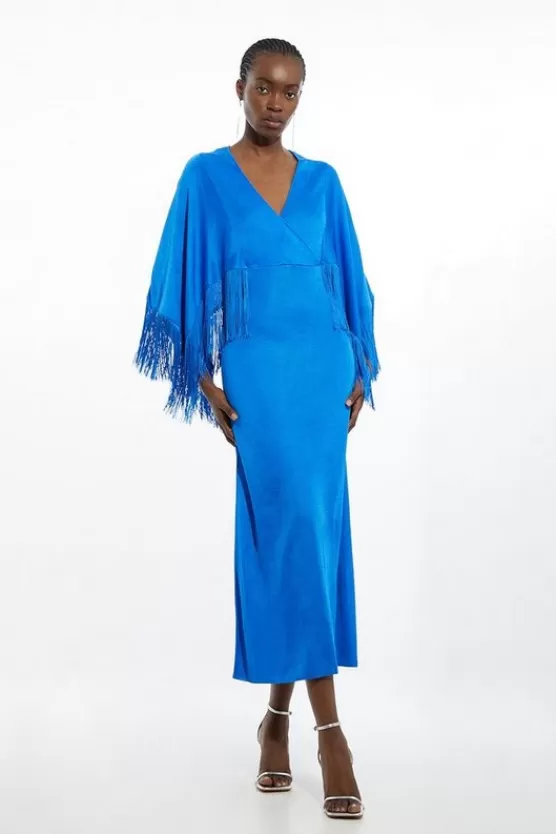 Clearance Karen Millen Viscose Blend Slinky Knit Fringed Kimono Sleeve Midaxi Dress cobalt