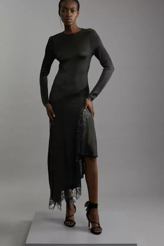 Outlet Karen Millen Viscose Blend Slinky Sheer Lace Detail Asymmetric Knit Midaxi Dress black