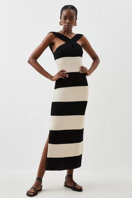 New Karen Millen Viscose Blend Striped Cross Front Knit Midi Dress mono