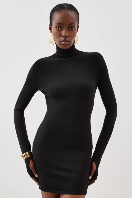 Outlet Karen Millen Viscose Blend Turtleneck Thumbhole Cuff Knit Mini Dress black