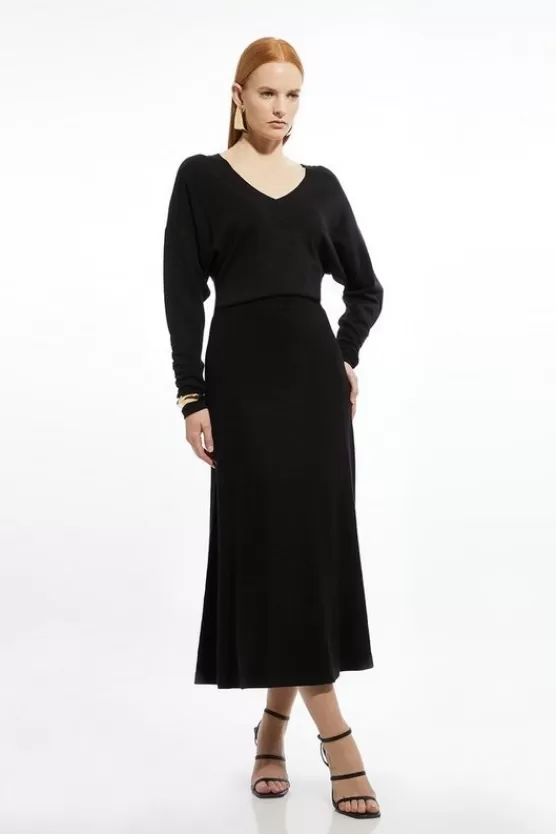 Best Karen Millen Viscose Blend V Neck Knit Midi Dress black