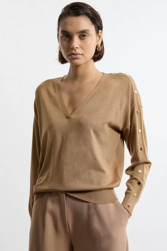 Sale Karen Millen Viscose Blend V Neck Knit Sweater camel